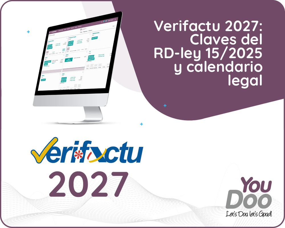 Infografía resumen calendario Verifactu 2027 y RD-ley 15/2025 para empresas Odoo